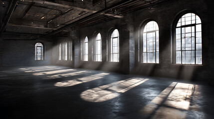 Vast empty industrial interior with arched windows and dramatic light shafts warehouse