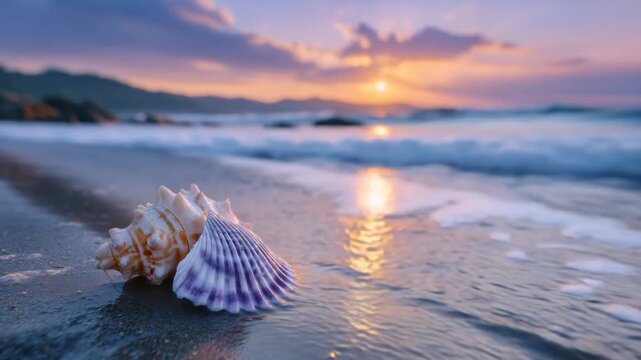 A serene coastal sunrise with a seashell by the tide, shimmering waters reflecting golden and lavender hues.