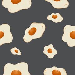  Seamless Fried Egg Pattern on Dark Background, Cute Watercolor Food Illustration
