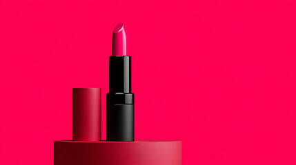 Vibrant pink lipstick with black casing on red display stand against bright pink background beauty