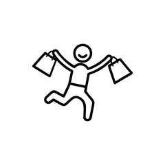 Happy shopper jumping with shopping bags line art icon vector illustration