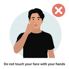 Man touching his face with his hand and a red cross mark indicating a prohibition against this action present