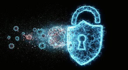 Cybersecurity concept with a glowing digital padlock shield blocking a swarm of virus particles. Data protection and network security.