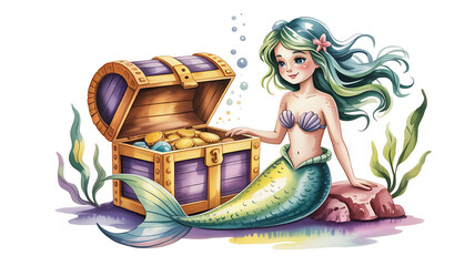  a treasure chest guarded by a mermaid, watercolor illustration, wooden pirates' chest, The Island the Mermaid and the Golden Treasure, created with generative ai