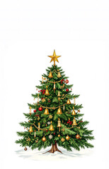 Fototapeta premium Vintage chromolithographic illustration of a beautifully decorated Christmas tree with golden bells, ornaments, and a star situated on a snowy background