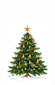 Vintage chromolithographic illustration of a beautifully decorated Christmas tree with golden bells, ornaments, and a star situated on a snowy background