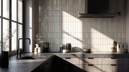 Minimalist kitchen concept with vertical storage, coffee corner setup, and earth-toned finishes — suitable for editorial, blogs, and packaging designs.