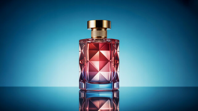 Luxurious faceted perfume bottle with gold cap on a reflective surface