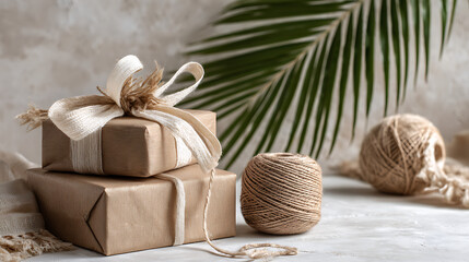 Wrapped presents with natural twine and palm leaf gifts wrapping