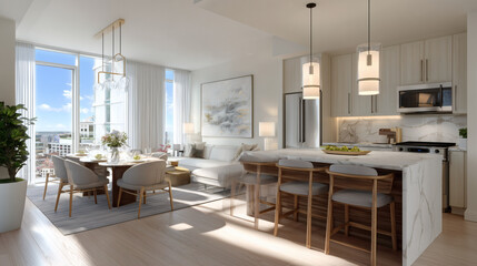 Luxury kitchen with marble countertops, built-in lighting, and premium appliances — a photorealistic setting for high-end home and property promos.
