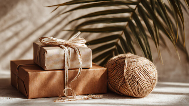 Wrapped gifts and twine with palm frond wrapping string