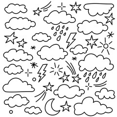 Various hand-drawn clouds, stars, lightning, and rain elements combine to form a playful and imaginative sky pattern perfect for creative projects.