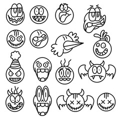A playful assortment of hand-drawn cartoon faces showcases a range of emotions, from joy to anger, with expressive features and varied styles. Ideal for art enthusiasts and designers.