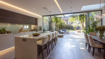 Luxury kitchen with marble countertops, built-in lighting, and premium appliances — a photorealistic setting for high-end home and property promos.