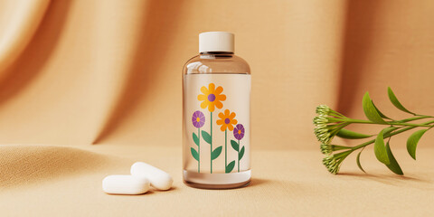 Clear bottle with floral design pills and green plant sprig on tan background