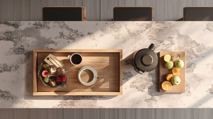 Top-down views of kitchen layouts, flat-lay breakfast setups, and modern appliances — useful for cooking sites, UX mockups, and culinary branding.
