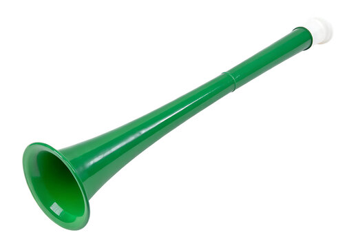A vibrant green vuvuzela with a white mouthpiece stands out, ready to add excitement to any sporting event or celebration.