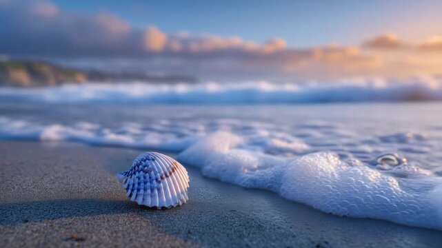 A serene beach scene with morning light illuminating a seashell and gentle waves creating lacy foam.