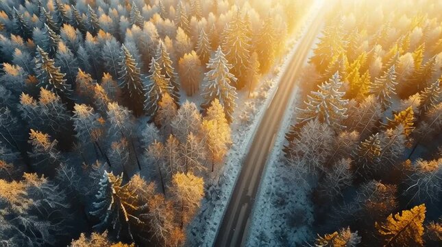 Top View Autumn Scenery Woods on Both Sides - Aerial Forest Landscape Video