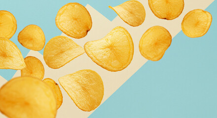 Crispy Potato Chips Floating on a Modern Blue and Beige Background, Food Photography, Snack, Delicious, Golden, Studio Shot