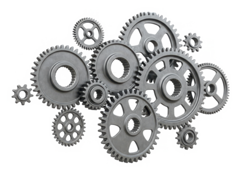 A group of interlocking metal gears isolated on transparent background