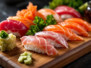 "Art of Sushi &ndash; Fresh Nigiri Selection on Rustic Wooden Board"