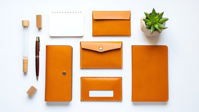 Stylish and organized workspace a collection of leather accessories and stationery essentials laid out neatly on a white background
