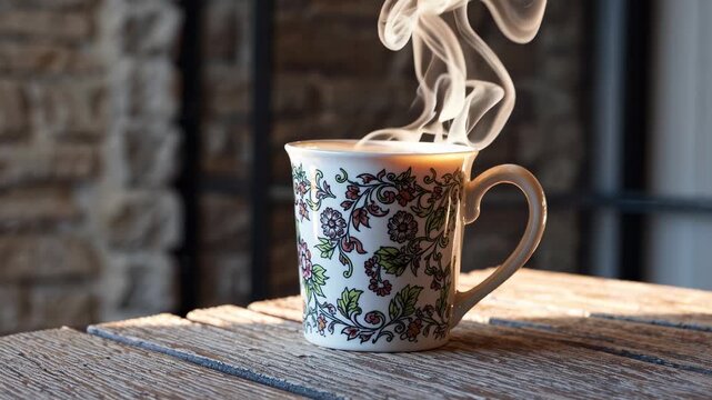 Fresh coffee in ornate mug radiates warmth and comfort as morning sunlight amplifies cozy inviting mood inspiring productivity relaxation and connection in daily life