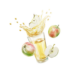 Apple juice in glass cup with splashes, tasty fruits whole and half watercolor illustration isolated. Hand drawn bright botanical clip art for creating juice labels or menu design.