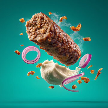 Juicy minced meat ćevapčići flying mid-air with kaymak 