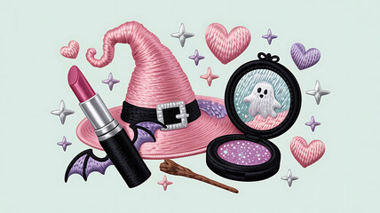 a pink witch hat with makeup accessories, girly embroidery bunch, vector illustration, halloween template, created with generative ai