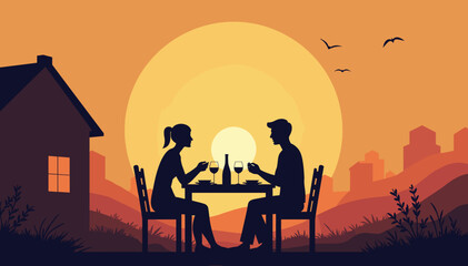 Naklejka premium Couple enjoying first home dinner at sunset in outdoor setting 