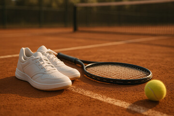 Minimal tennis gear on clay court at sunset with clean white sneakers and racket
