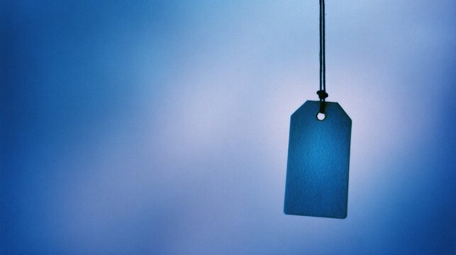 Vintage paper tag floating in blue space with abstract texture, minimalist design concept.