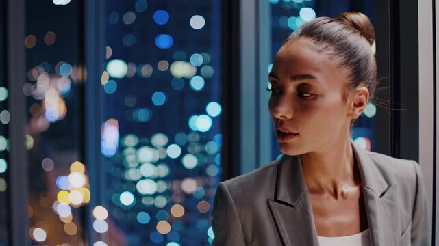 Confident urban worker faces city lights at night representing ambition achievement career inspiration progress and connection to dynamic fast-paced professional lifestyle