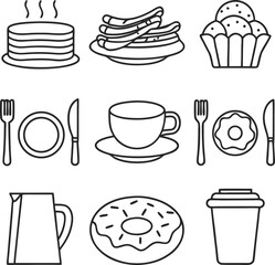 Outlined Breakfast Food Illustrations Featuring Pancakes, Sausages, Cupcake, Plate Setting, Coffee, Doughnuts, Pitcher and To-Go Cup for Easy Customization