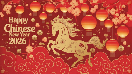 Happy Chinese New Year 2026. Gold horse zodiac and lanterns, cloud on red background. Card design invitation or greeting. Lunar calendar animal. Year of the Horse, created with generative ai