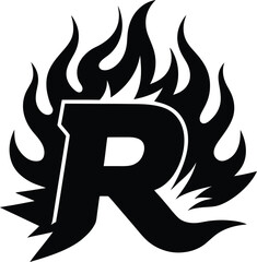 Fiery letter r emblem with flames