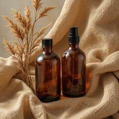 Two brown glass bottles with black caps on a textured beige fabric surface