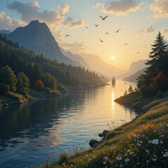 Scenic view of a river flowing through mountains at sunset with a ship seen