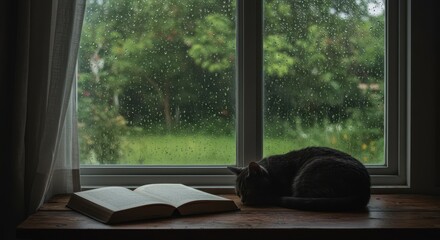 Cozy scene of a cat sleeping next to an open book on a windowsill during a rainy day