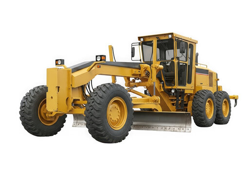 A yellow grader is isolated on transparent background, ready for construction