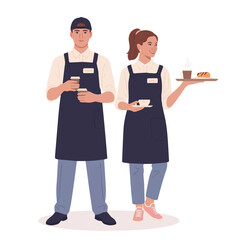 Two restaurant workers in aprons holding coffee and food on a tray in a bright and clean setting