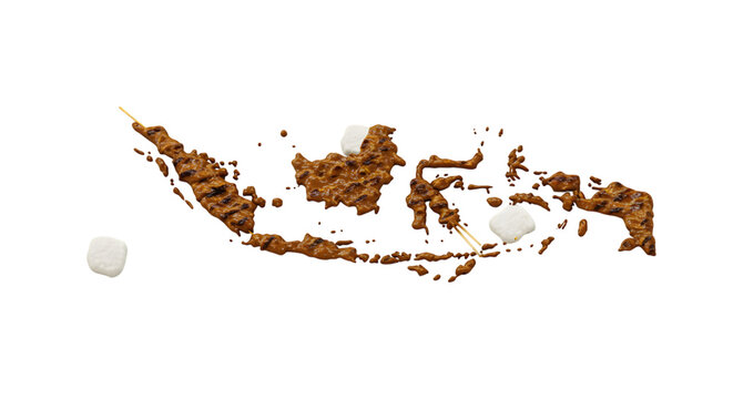 A creative culinary concept of the Indonesian archipelago map made from grilled satay skewers and rice cakes.