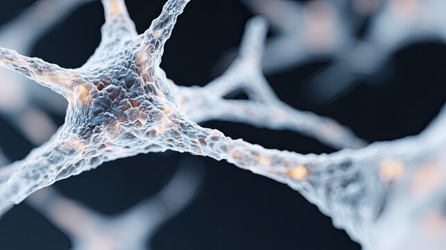 Intricate neuron network illuminated against dark background, sh
