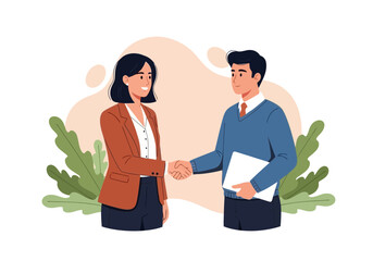 Fototapeta premium Flat illustration of two business professionals shaking hands after a successful meeting, holding documents