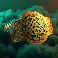 Golden championship belt floating on dark smoke