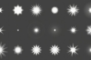 White glowing light starbursts set vector. Sparkle flare effects for winter, Christmas design, overlays, and festive decorations.



