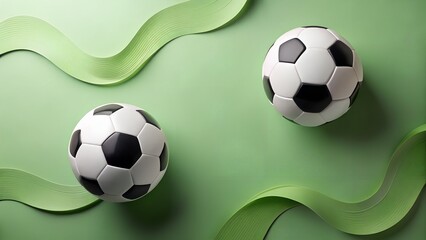 Obraz premium Two soccer balls with a green ribbon on a green background create a sporty and playful scene