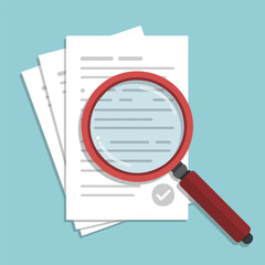 Magnifying glass over stack of papers with check mark on light blue background for inspection purposes